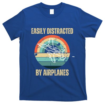 Airplane Pilot Vintage Retro Easily Distracted By Airplanes Cool Gift T-Shirt