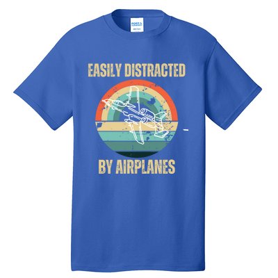 Airplane Pilot Vintage Retro Easily Distracted By Airplanes Cool Gift Tall T-Shirt