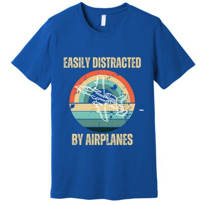 Airplane Pilot Vintage Retro Easily Distracted By Airplanes Cool Gift Premium T-Shirt