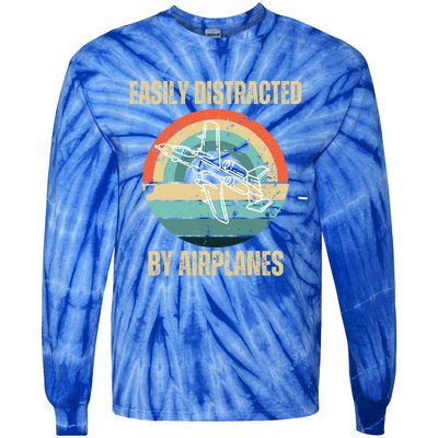 Airplane Pilot Vintage Retro Easily Distracted By Airplanes Cool Gift Tie-Dye Long Sleeve Shirt