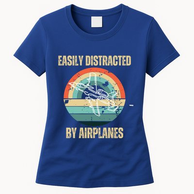 Airplane Pilot Vintage Retro Easily Distracted By Airplanes Cool Gift Womens T-Shirt