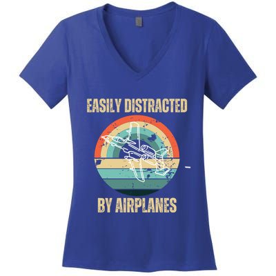 Airplane Pilot Vintage Retro Easily Distracted By Airplanes Cool Gift Women's V-Neck T-Shirt