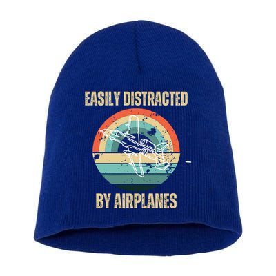 Airplane Pilot Vintage Retro Easily Distracted By Airplanes Cool Gift Short Acrylic Beanie