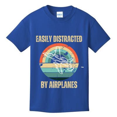 Airplane Pilot Vintage Retro Easily Distracted By Airplanes Cool Gift Kids T-Shirt