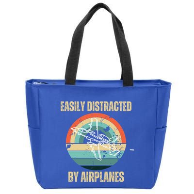 Airplane Pilot Vintage Retro Easily Distracted By Airplanes Cool Gift Zip Tote Bag