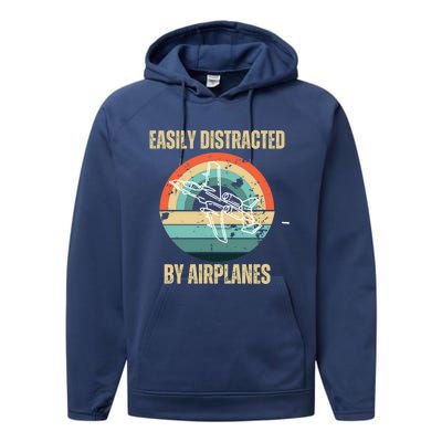 Airplane Pilot Vintage Retro Easily Distracted By Airplanes Cool Gift Performance Fleece Hoodie