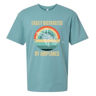 Airplane Pilot Vintage Retro Easily Distracted By Airplanes Cool Gift Sueded Cloud Jersey T-Shirt