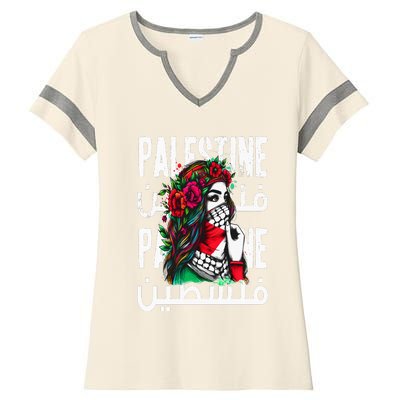 A Palestinian  Wearing A Palestinian Bandana Palestine Ladies Halftime Notch Neck Tee