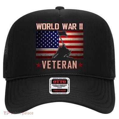 American Patriot WWII Veteran Military World War 2 Veteran High Crown Mesh Back Trucker Hat