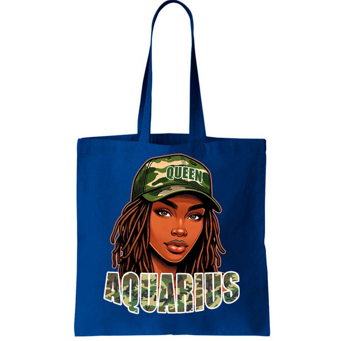 Aquarius Queen Black Woman Camo Hat Locs Birthday Tote Bag