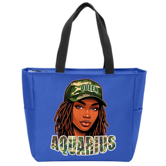 Aquarius Queen Black Woman Camo Hat Locs Birthday Zip Tote Bag