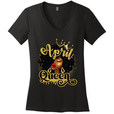 April Queen Birthday Afro African American Wo Women's V-Neck T-Shirt