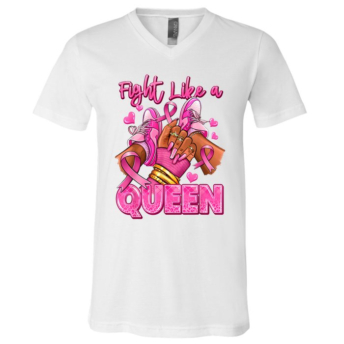 Afro Queen Black Women Breast Cancer Survivor Ribbon V-Neck T-Shirt