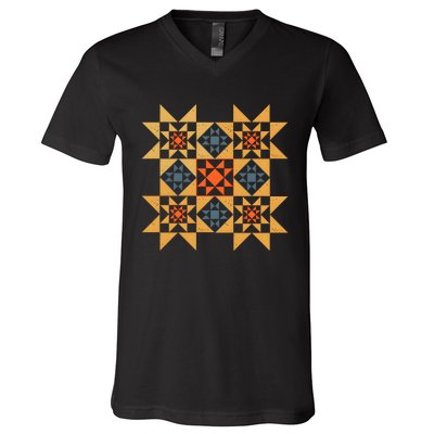 Autumn Quilt Block Cute V-Neck T-Shirt