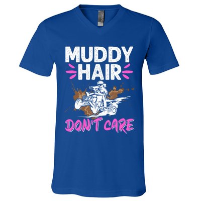 Atv Quad Biker Four Wheeler Vintage Muddy Hair Don't Care Gift V-Neck T-Shirt