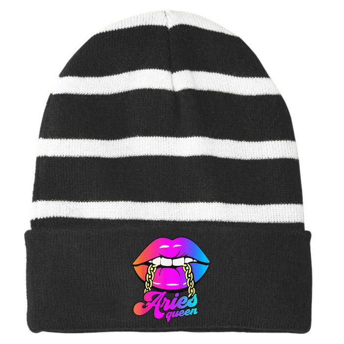 Aries Queen Lips Zodiac Horoscope Wo Birthday Striped Beanie with Solid Band