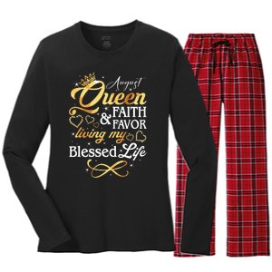 August Queen Living My Blessed Life Birthday Queen Crown Women's Long Sleeve Flannel Pajama Set 