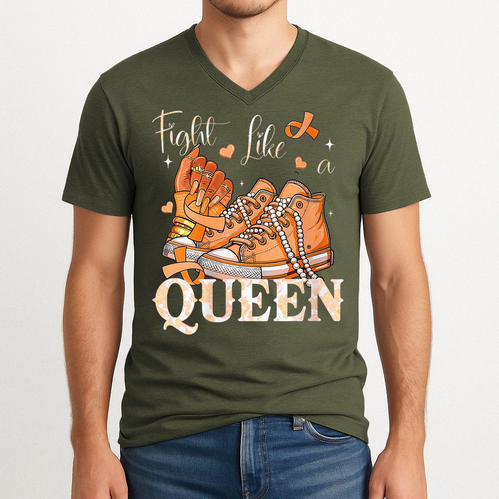 Afro Queen Multiple Sclerosis Survivor Orange Ribbon V-Neck T-Shirt