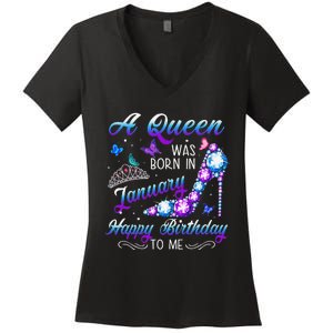 A queen was born in January Funny Birthday Party Women's V-Neck T-Shirt