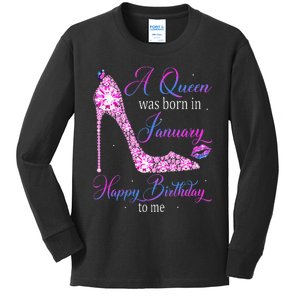 A Queen Was Born In January Happy Birthday To Me High Heel Kids Long Sleeve Shirt