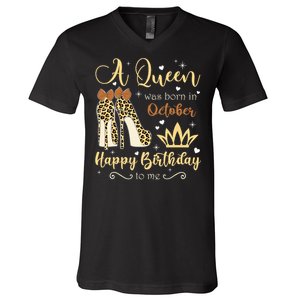 A Queen Was Born In October Birthday For Women Leopard V-Neck T-Shirt