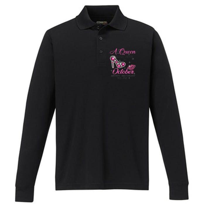 A Queen Was Born In October Happy Birthday To Me Performance Long Sleeve Polo