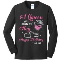 A Queen Was Born In May Gift Happy Birthday Wine Pearl Kids Long Sleeve Shirt