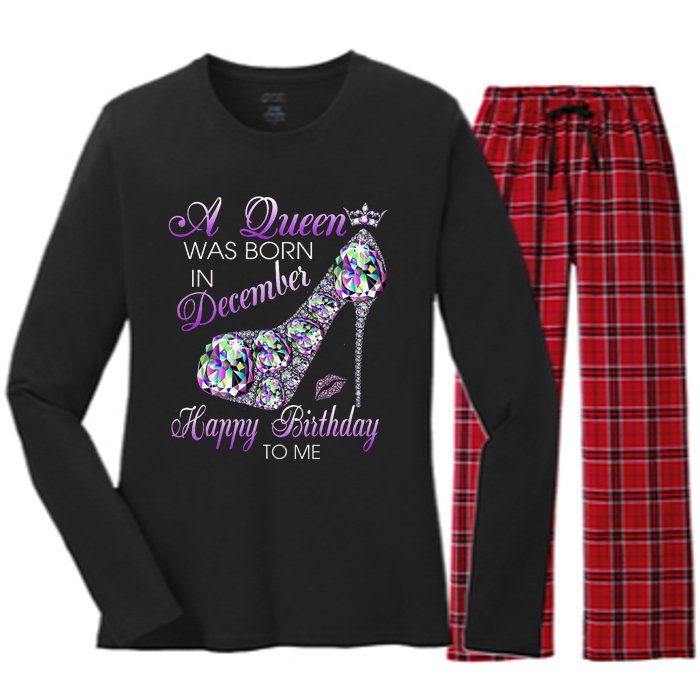 A Queen Was Born In December Diamond Happy Birthday To Me Women's Long Sleeve Flannel Pajama Set 