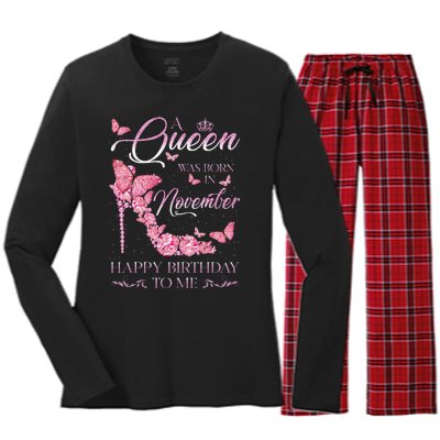 A Queen Was Born In November Happy Birthday To Me High Heel Women's Long Sleeve Flannel Pajama Set 