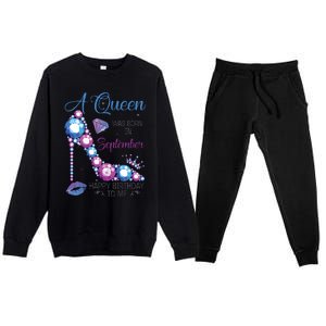 A Queen Was Born In September Happy Birthday To Me High Heel Premium Crewneck Sweatsuit Set