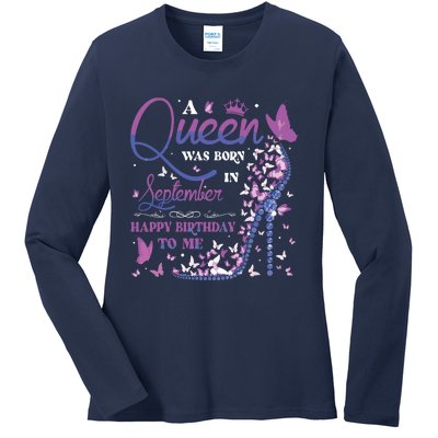 A Queen Was Born In September Happy Birthday To Me Ladies Long Sleeve Shirt