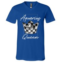 Aquarius Queen Zodiac Sign With Checkerboard Pattern Crown Gift V-Neck T-Shirt