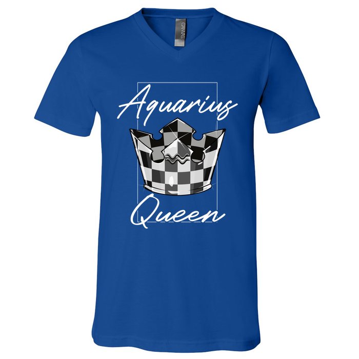 Aquarius Queen Zodiac Sign With Checkerboard Pattern Crown Gift V-Neck T-Shirt