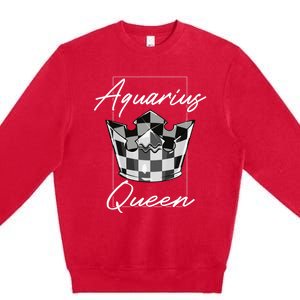 Aquarius Queen Zodiac Sign With Checkerboard Pattern Crown Gift Premium Crewneck Sweatshirt