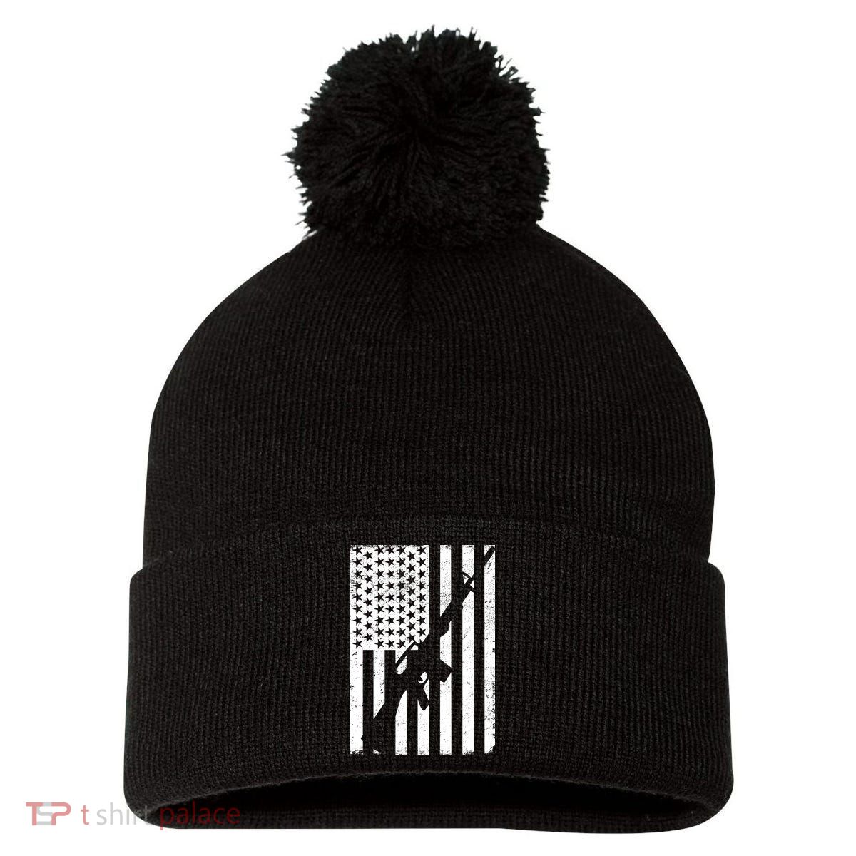 AR-15 Gun Vintage American Flag Pom Pom 12in Knit Beanie