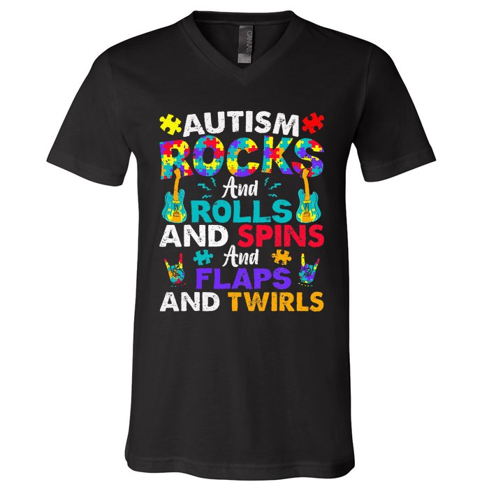 Autism Rocks And Rolls Funny Autism Awareness Month V-Neck T-Shirt