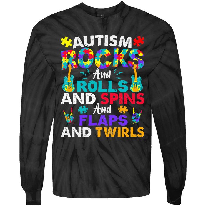 Autism Rocks And Rolls Funny Autism Awareness Month Tie-Dye Long Sleeve Shirt