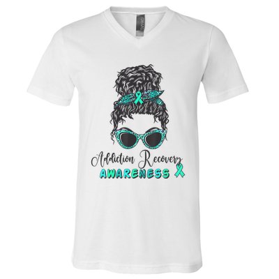 Addiction Recovery Awareness Month Sobriety Support V-Neck T-Shirt