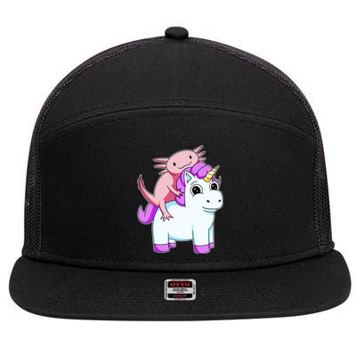 Axolotl Riding A Unicorn Funny Cute 7 Panel Mesh Trucker Snapback Hat