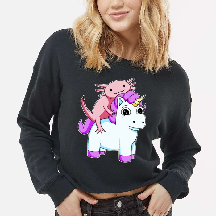 Axolotl Riding A Unicorn Funny Cute Cropped Pullover Crew