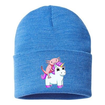 Axolotl Riding A Unicorn Funny Cute Sustainable Knit Beanie