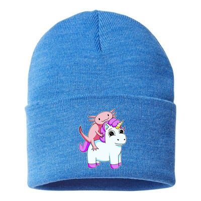 Axolotl Riding A Unicorn Funny Cute Sustainable Knit Beanie