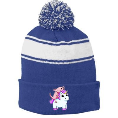 Axolotl Riding A Unicorn Funny Cute Stripe Pom Pom Beanie