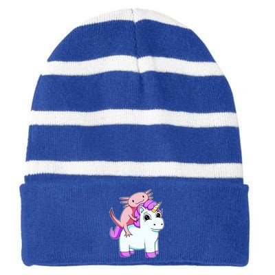 Axolotl Riding A Unicorn Funny Cute Striped Beanie with Solid Band