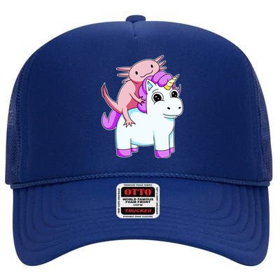 Axolotl Riding A Unicorn Funny Cute High Crown Mesh Back Trucker Hat