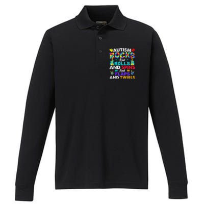 Autism Rocks And Rolls Funny Autism Awareness Month Shirt Performance Long Sleeve Polo