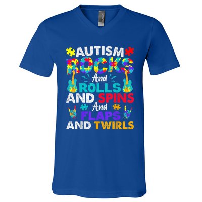 Autism Rocks And Rolls Funny Autism Awareness Month Shirt V-Neck T-Shirt