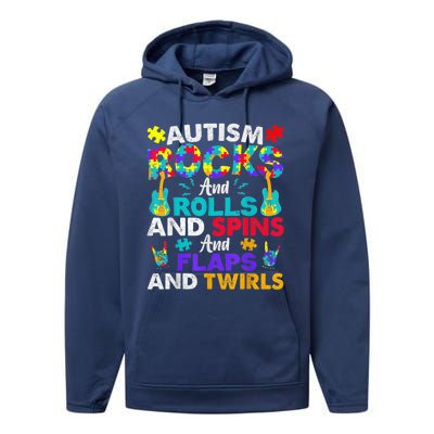 Autism Rocks And Rolls Funny Autism Awareness Month Shirt Performance Fleece Hoodie