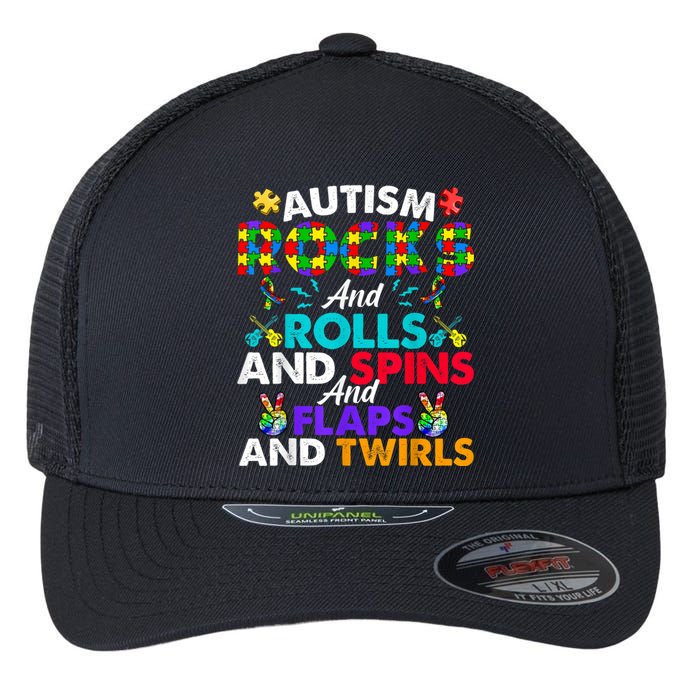 Autism Rocks And Rolls Funny Autism Awareness Month Flexfit Unipanel Trucker Cap