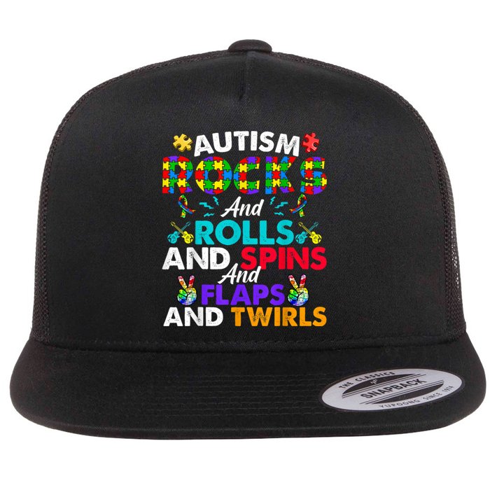 Autism Rocks And Rolls Funny Autism Awareness Month Flat Bill Trucker Hat